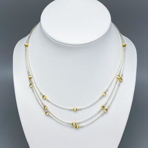 Vintage Sterling Silver 925 3-Strand Yellow Cat’s Eye Glass Bead Necklace 17.5”